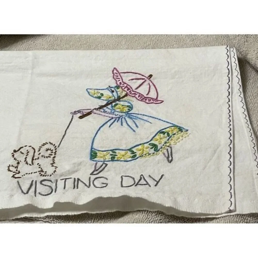 Vintage Cotten Decora Towel Embroidered'Visiting‎ Day' Girl, Dog, Parasol White